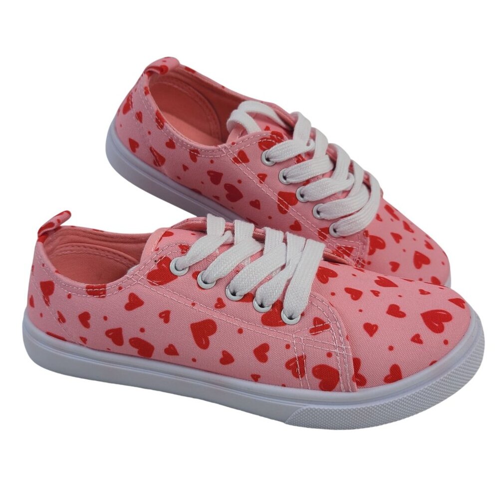 NEW Fabkids Pink & Red Heart Print Canvas Sneakers Size 2 Lace-Up Shoes For Kids